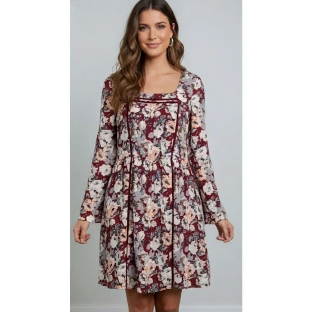 doe & Rae womens large boho floral dress burgundy whimsy goth square neck